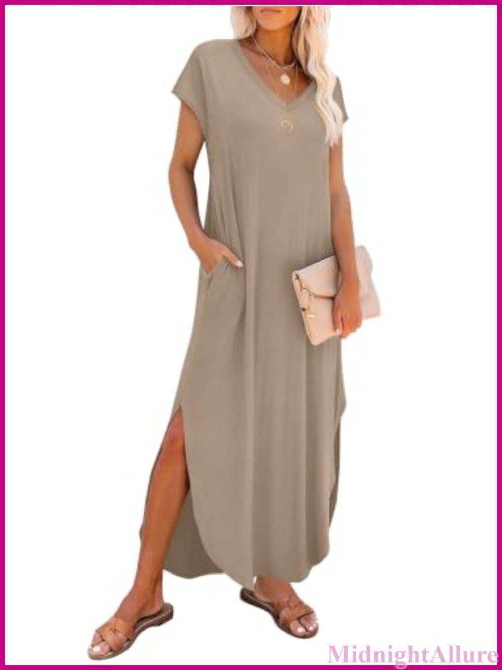 Womens Summer Maxi Dress V-Neck Cap Sleeve Flowy Sundress Pockets Casual Beach
